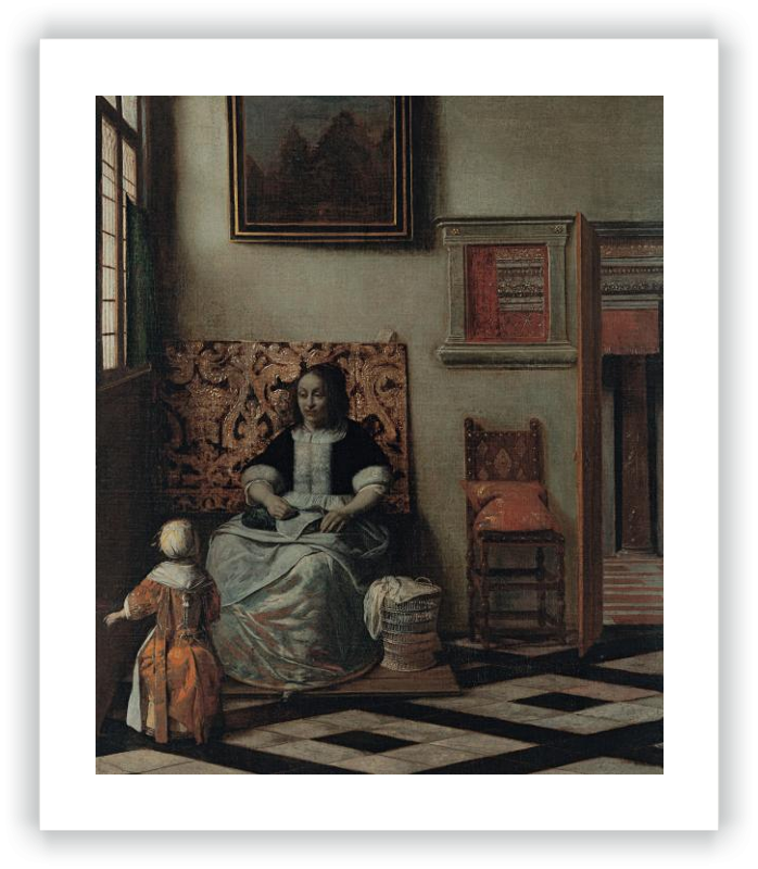 Interior with a woman sewing and a child
