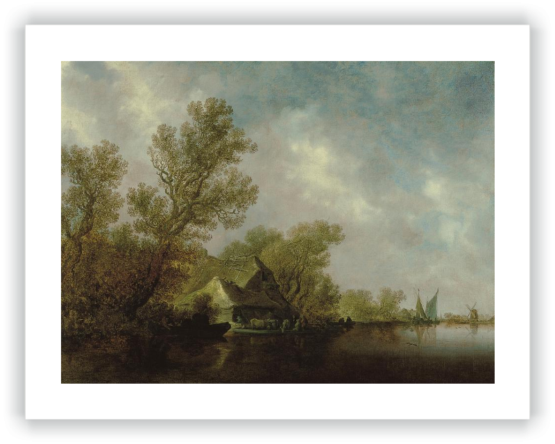 Paisaje fluvial con transbordador y cabañas