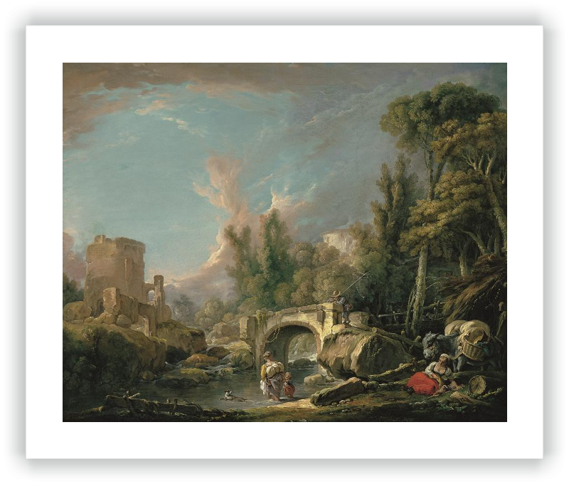 Paisaje fluvial con ruina y puente
