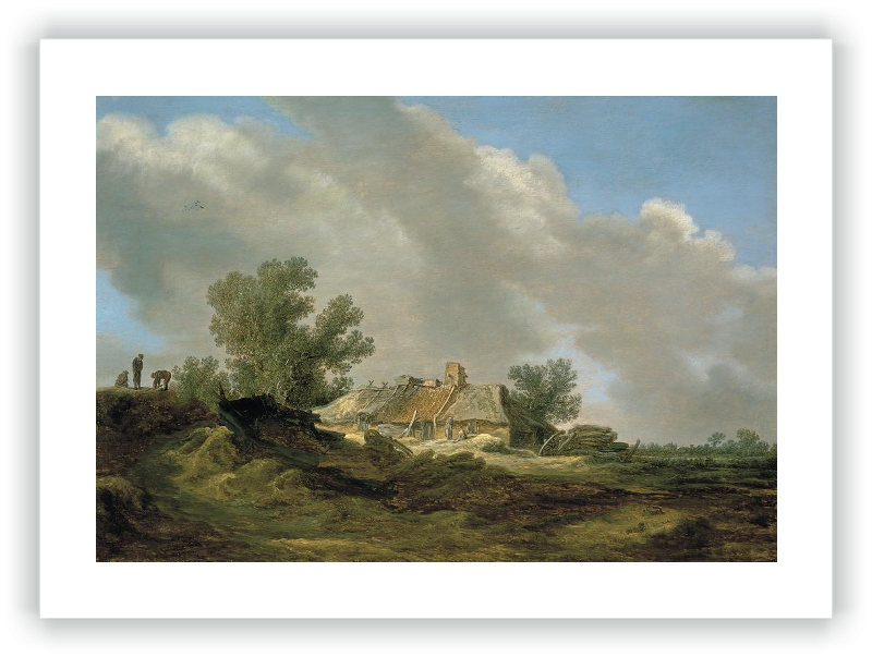 Paisaje de dunas con cabaña y figuras