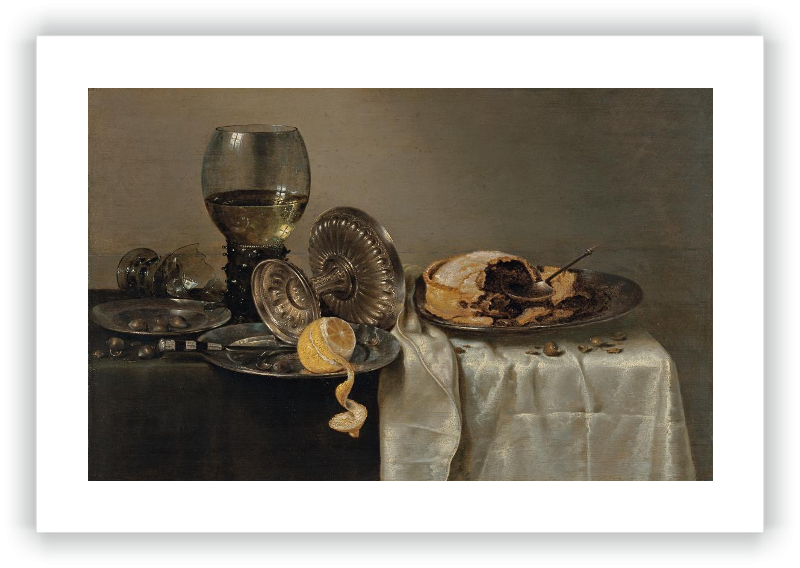 Still life with fruit cake and various objects