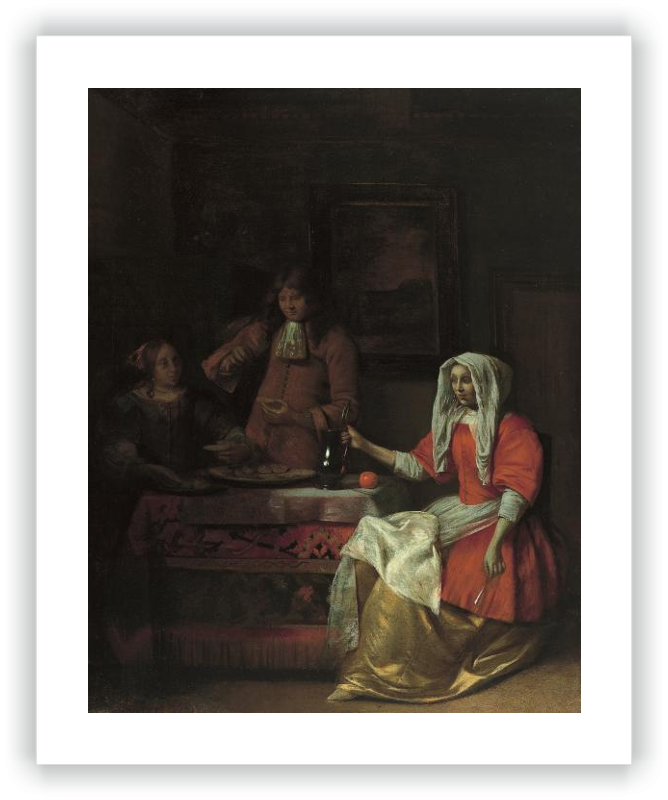 Interior con dos mujeres y un hombre bebiendo y comiendo ostras