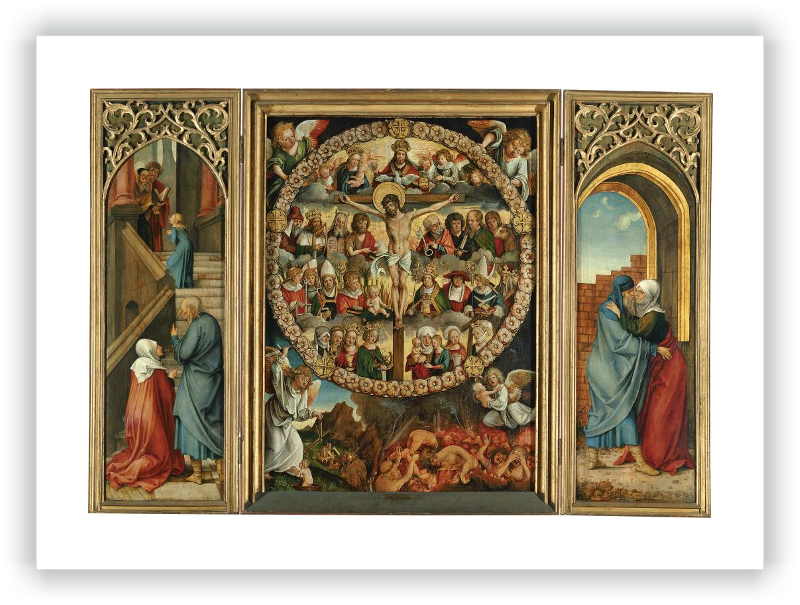Tríptico del rosario: La Crucifixión (tabla central), La Presentación (tabla interior izda.), El abrazo en la puerta dorada (tabla interior dcha.)