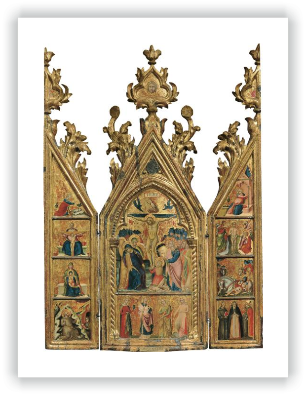 Tríptico portátil: La Crucifixión (tabla central), El Arcángel Gabriel y otras escenas (tabla interior izquierda),La Virgen de la Anunciación y otras escenas (tabla interior derecha)