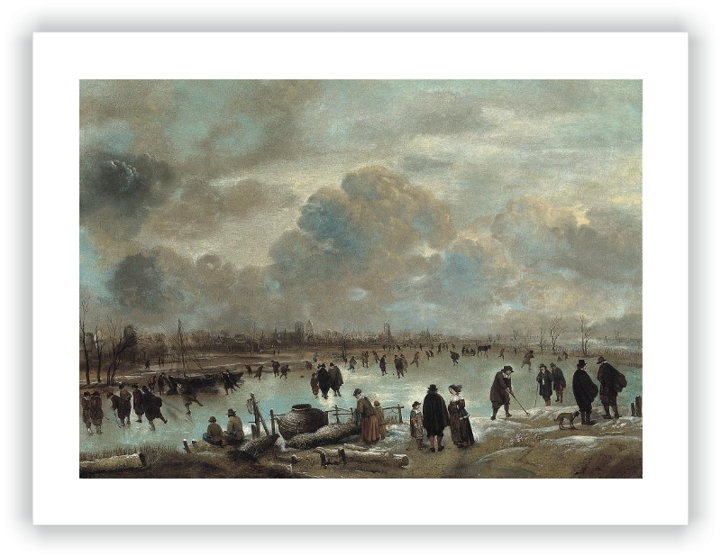 Escena de invierno con patinadores en un río helado