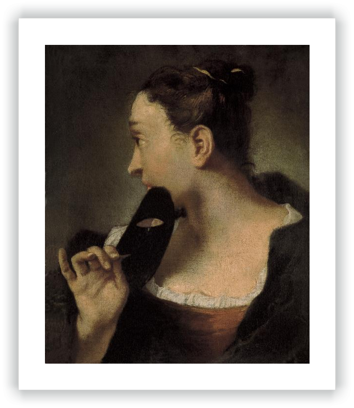 Retrato de una joven de perfil con una máscara en la mano derecha