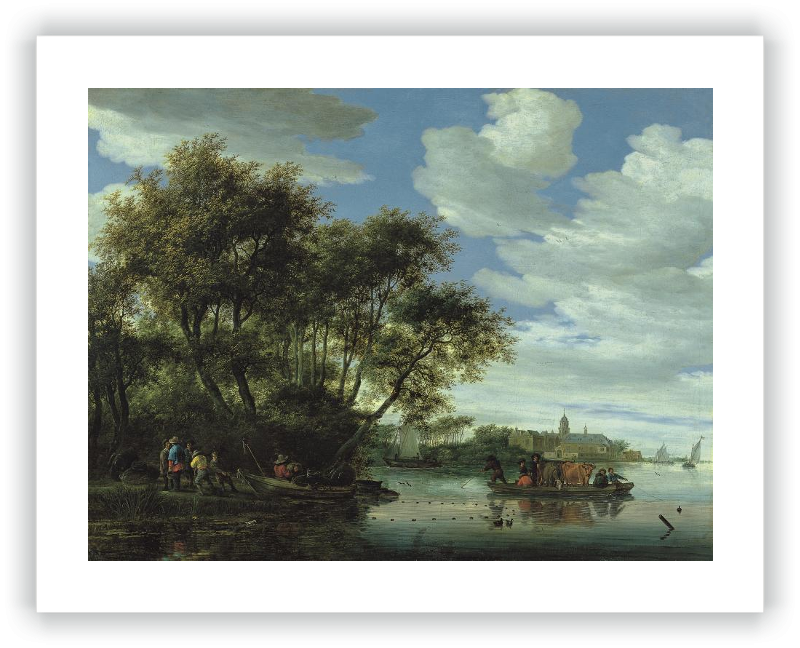 Vista del río Vecht, con un embarcadero, pescadores y el Castillo de Nijenrode en la lejanía