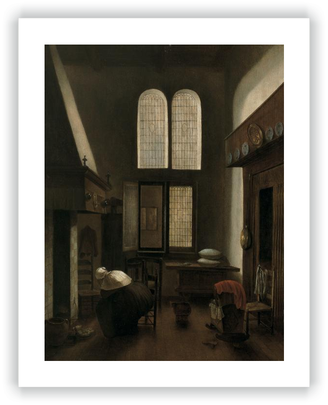 Interior con una mujer sentada junto al hogar