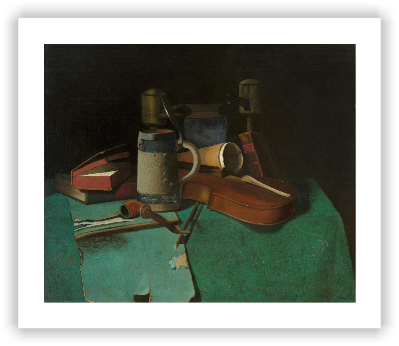 Libros, jarra, pipa y violín